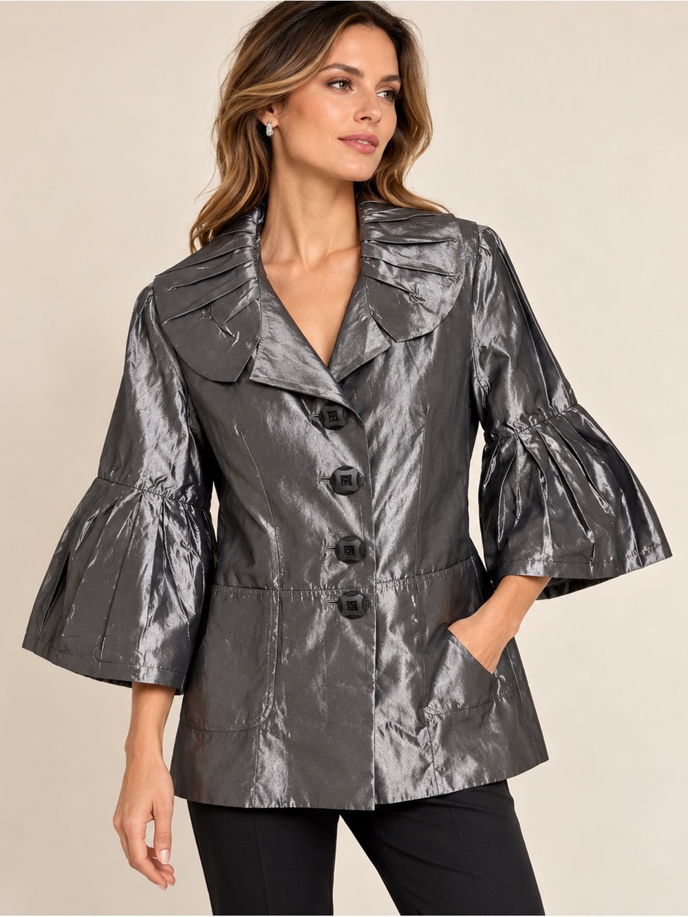 PENTA Metallic Pewter Pleated Sleeve Statement Jacket Coat Size 2 Made USA